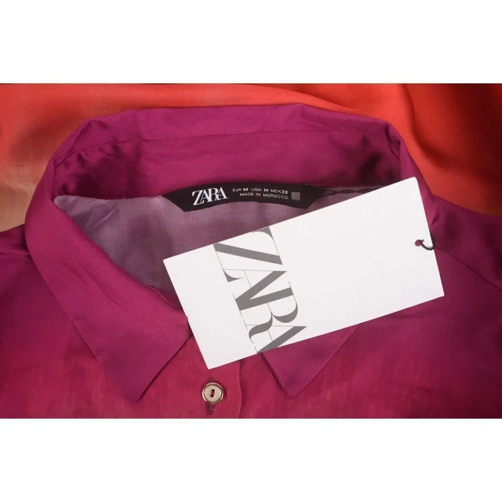 Zara Womans Top Shirt Blouse Sz M Satin Effect Ombre Tie Dye Orange 7888/483 NWT_6